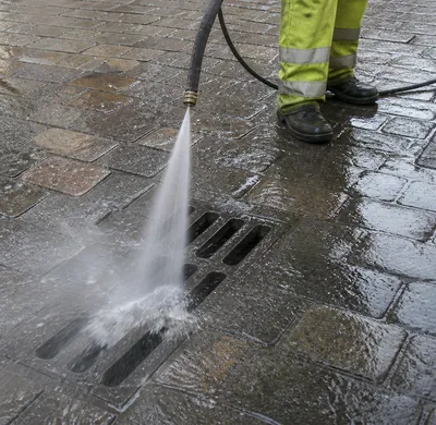 Agua a presión limpiando un desagüe en una calle de Zaragoza